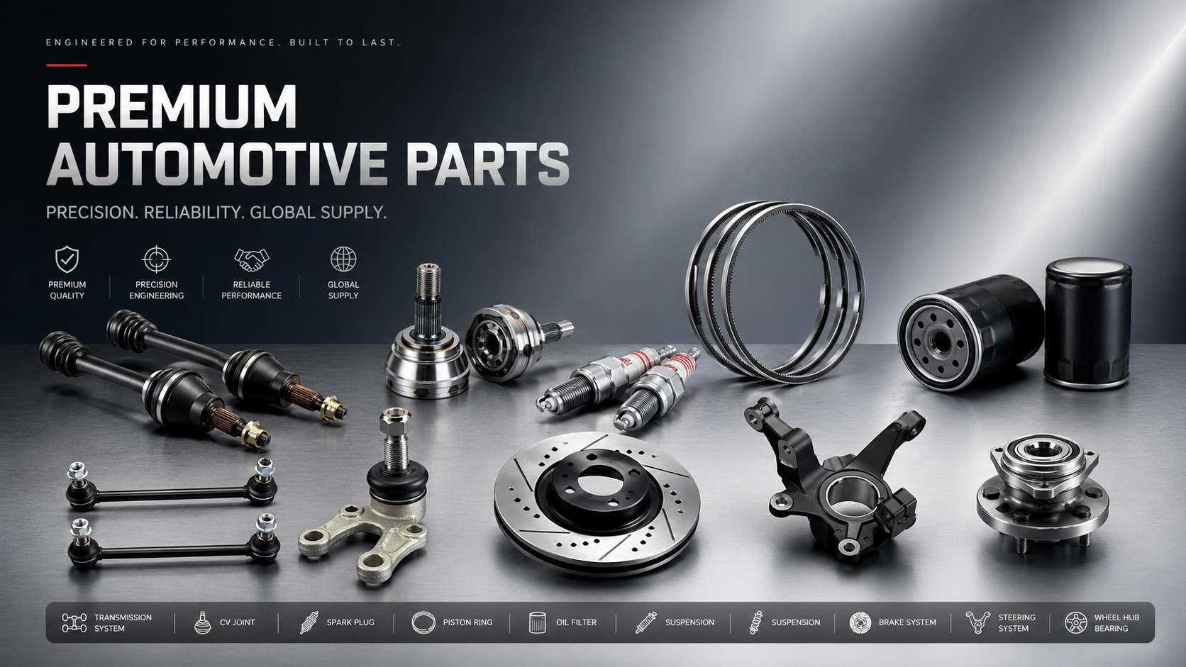 Automotive parts categories including transmission system, CV joints, spark plugs, piston rings, oil filters, suspension, brake system, steering system, and wheel hub bearings